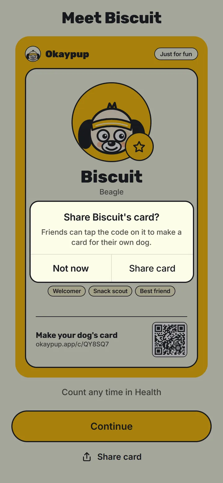Your dog's Pup Card with a personality type and a share code