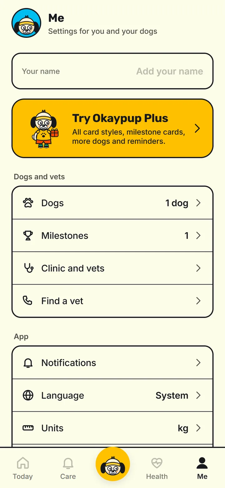 Settings with dogs, milestones, clinics and vets