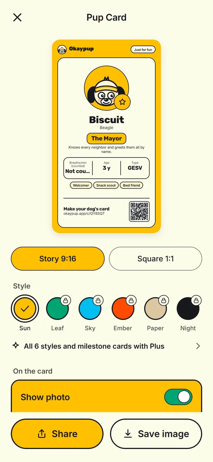 Pup Card styles with Story and Square sharing