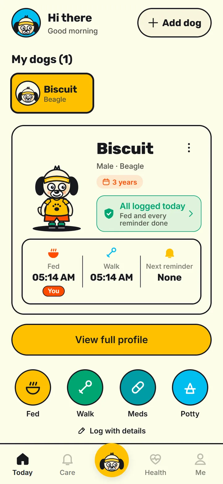 Today screen with one-tap care logging for feeding, walks, meds and potty